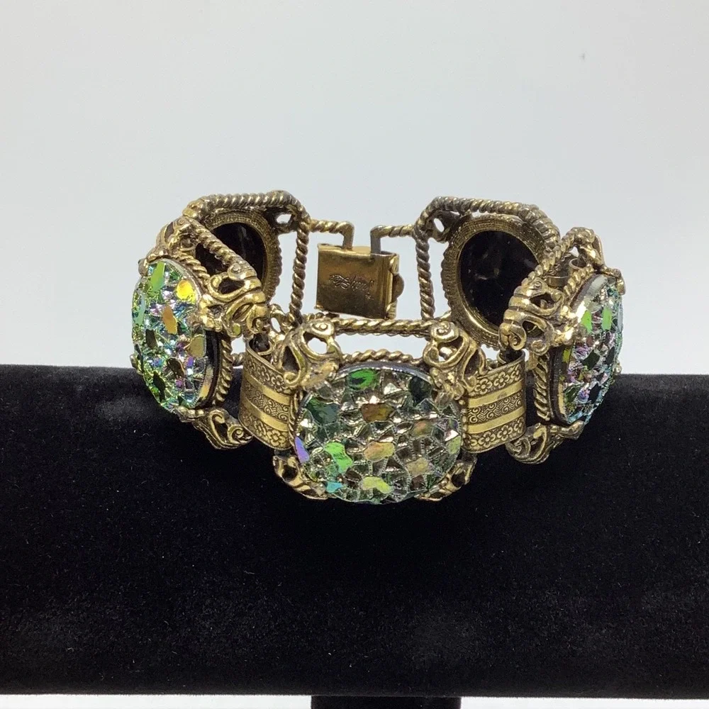 Vintage‎ Judy Lee Gold Tone Carnival Glass Link Bracelet 5 Panel Squares